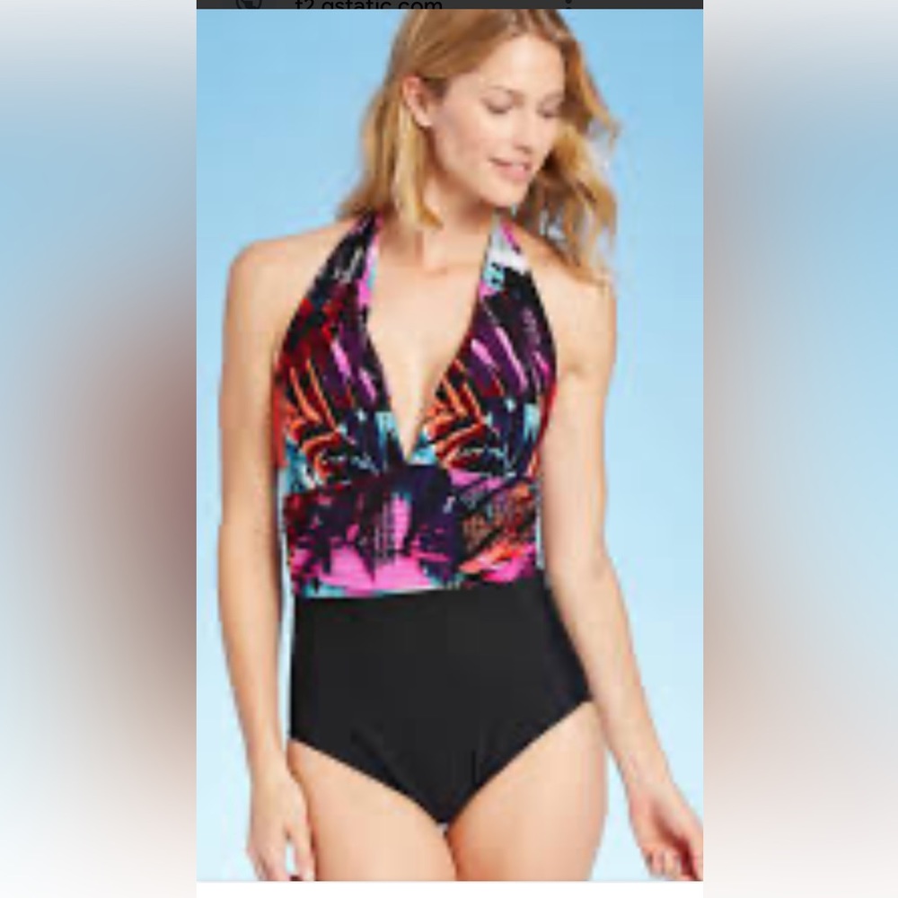 AQUA GREEN ONE PIECE MULTICOLOR HALTER SWIMSUIT SIZE LARGE NEW WITHOUT TAGS.